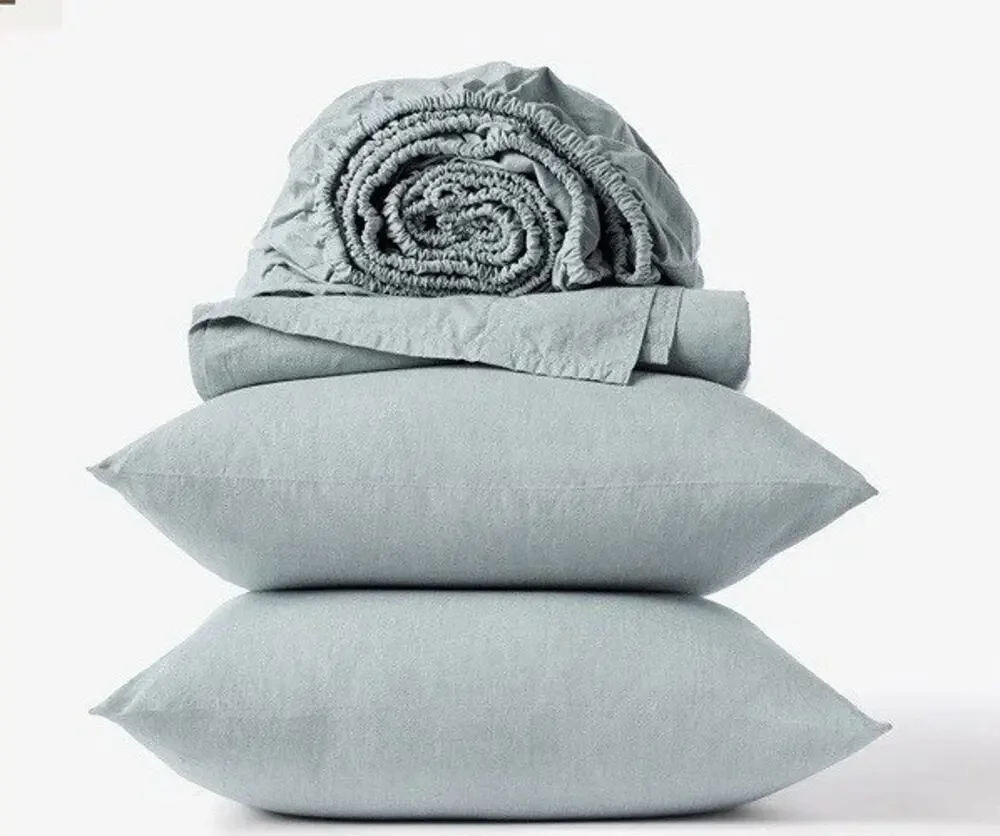 Coyuchi Organic Crinkled Percale Sheet Set 4 Piece King Surf Chambray Blue NWT